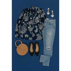 Entro Floral Print Tie Neck‎ Long Sleeve Blouse Womens Size L